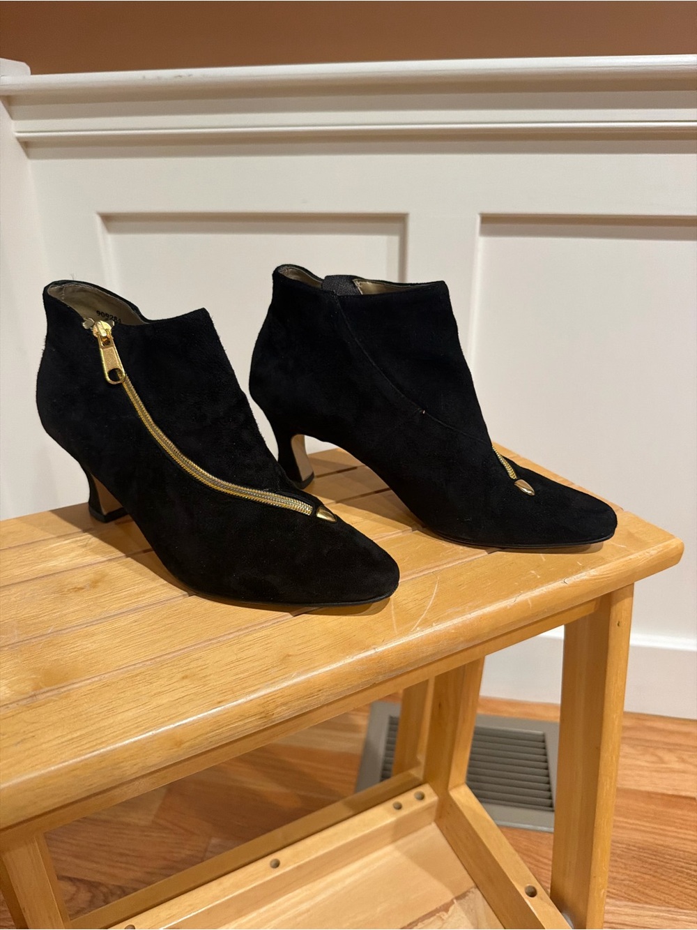Black Suede Ankle Booties with Gold Accent Zipper